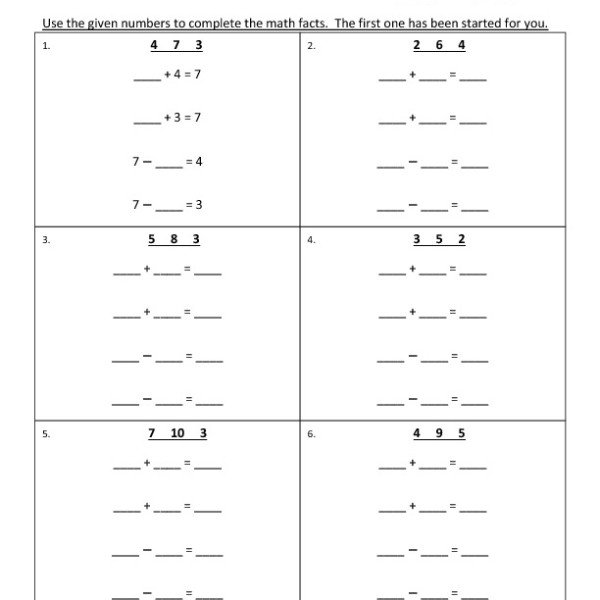First Grade Addition Fact Families Worksheet 05 â One Page Worksheets